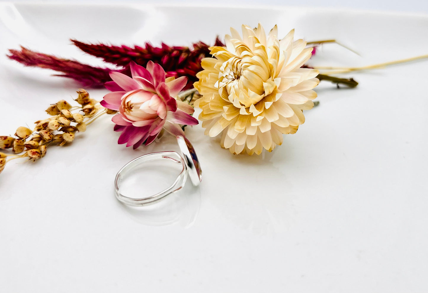 Pressed Flower Silver Celosia & Delphi Ring