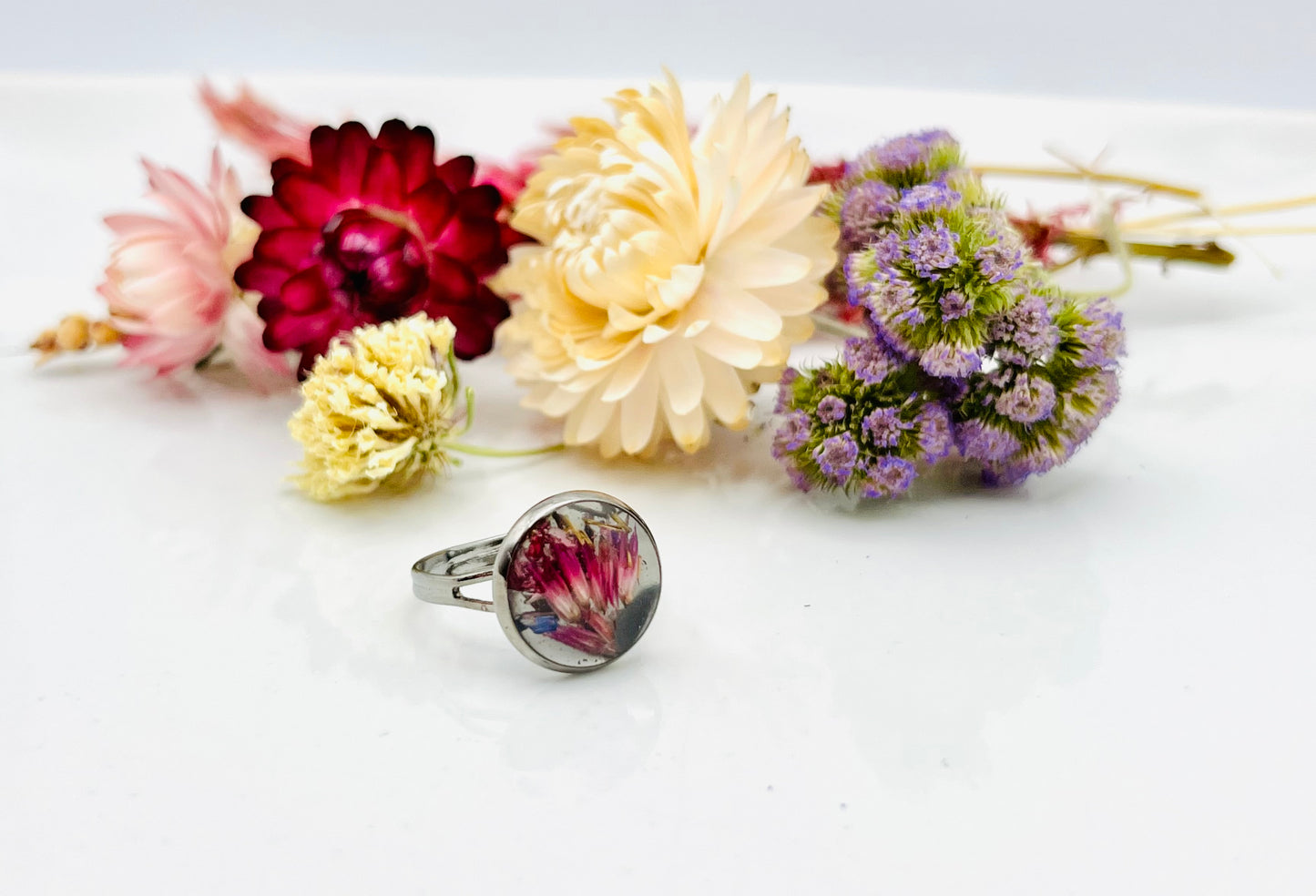 Pressed Flower Charcoal Celosia Ring