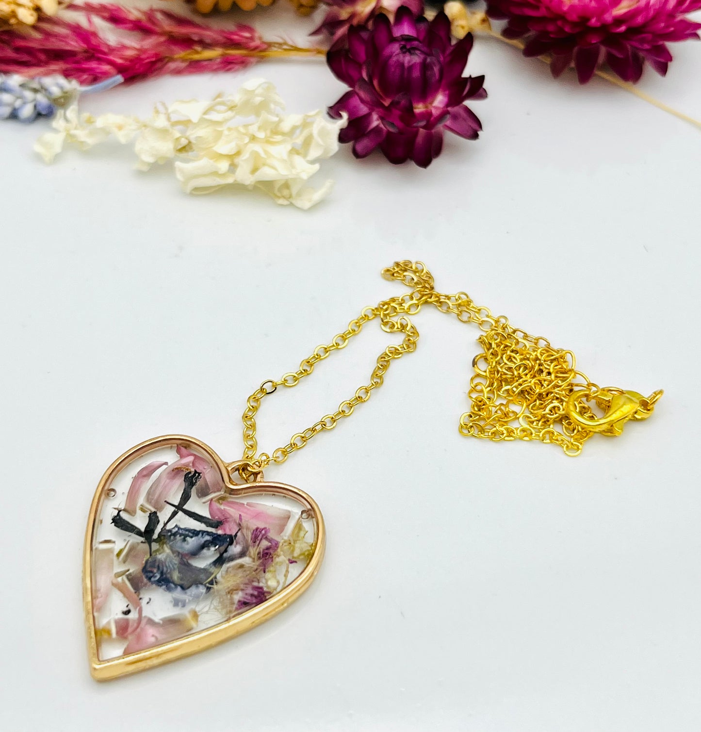 Pink Strawflower Heart Necklace